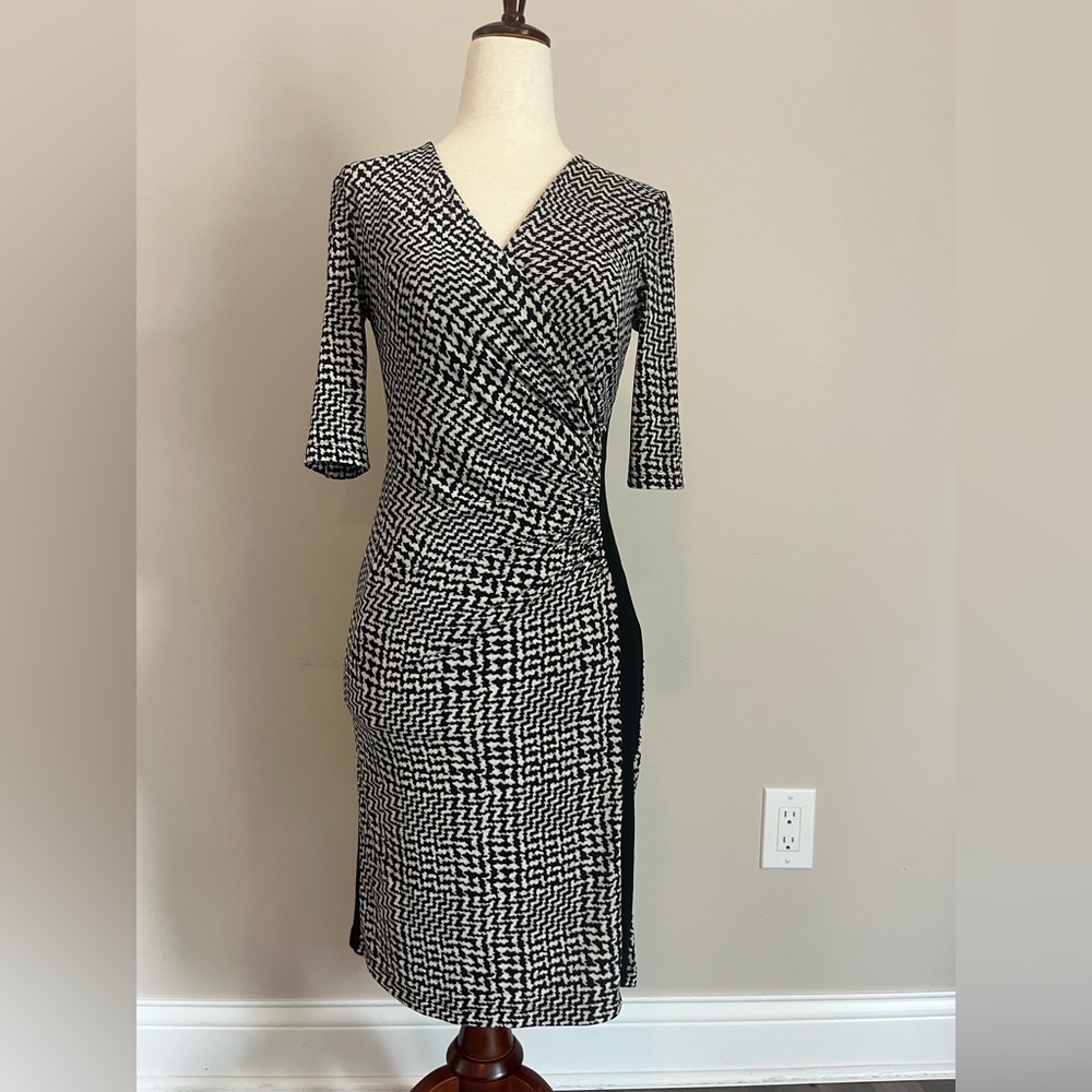 Ralph Lauren Business Casual Black and Cream Faux-Wrap Midi Dress